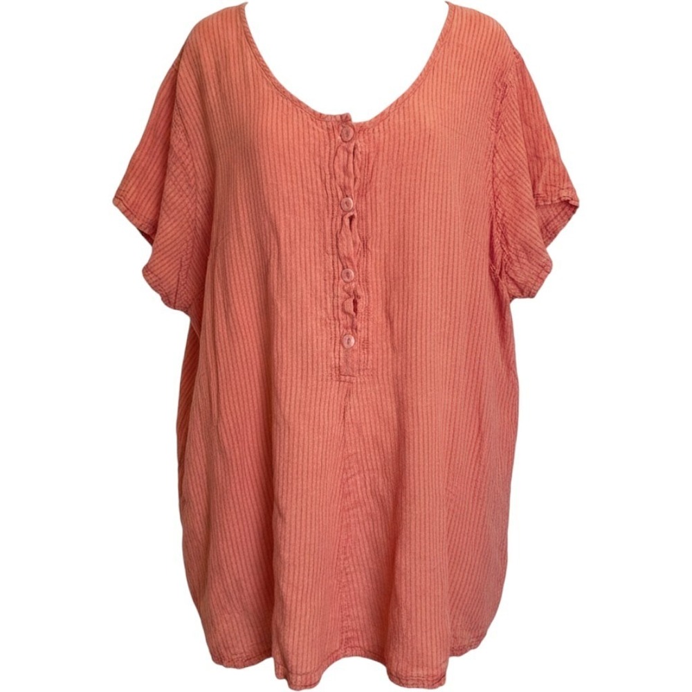 Flax Women 2G Coral Pink Striped 100% Linen V-Neck Button Front Tunic Top